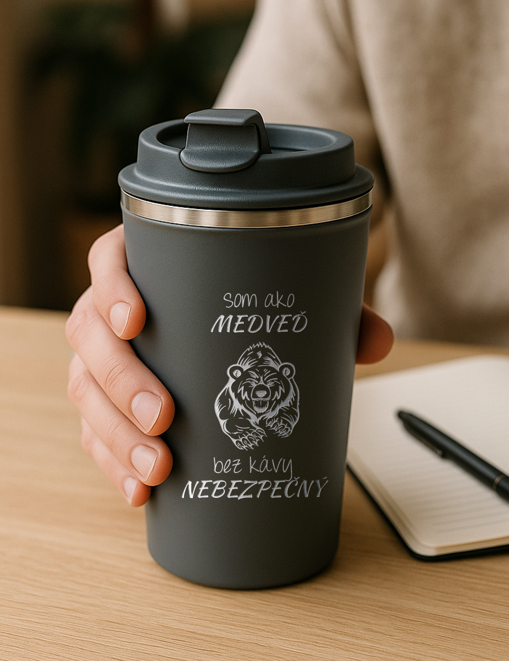Nerezový termohrnček S012- Som ako medveď. Bez kávy nebezpečný